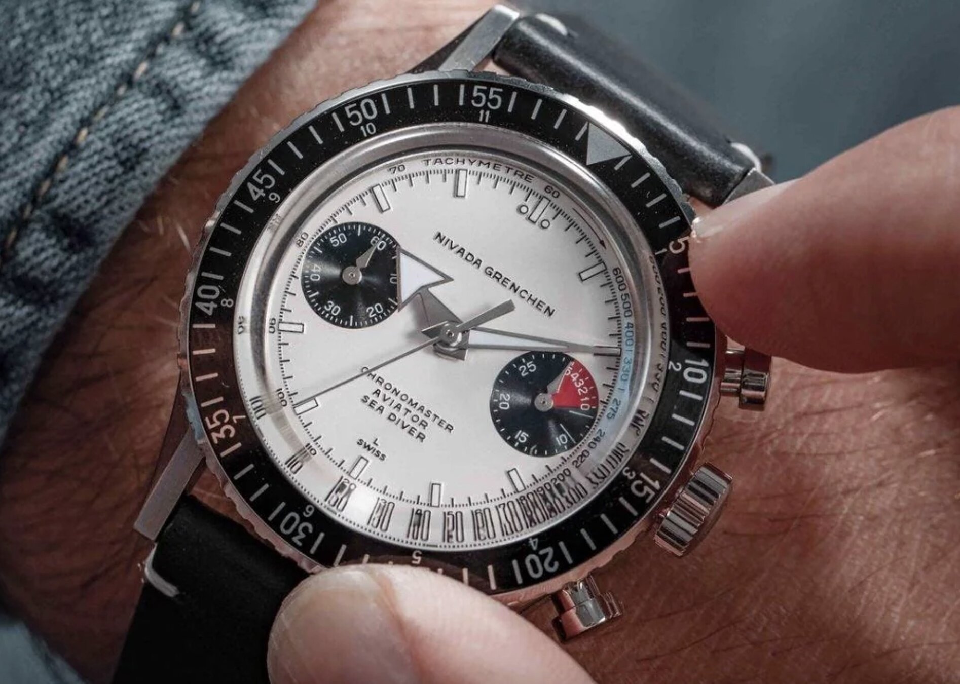 Nivada Grenchen Chronomaster with a system of interchangeable bezels.