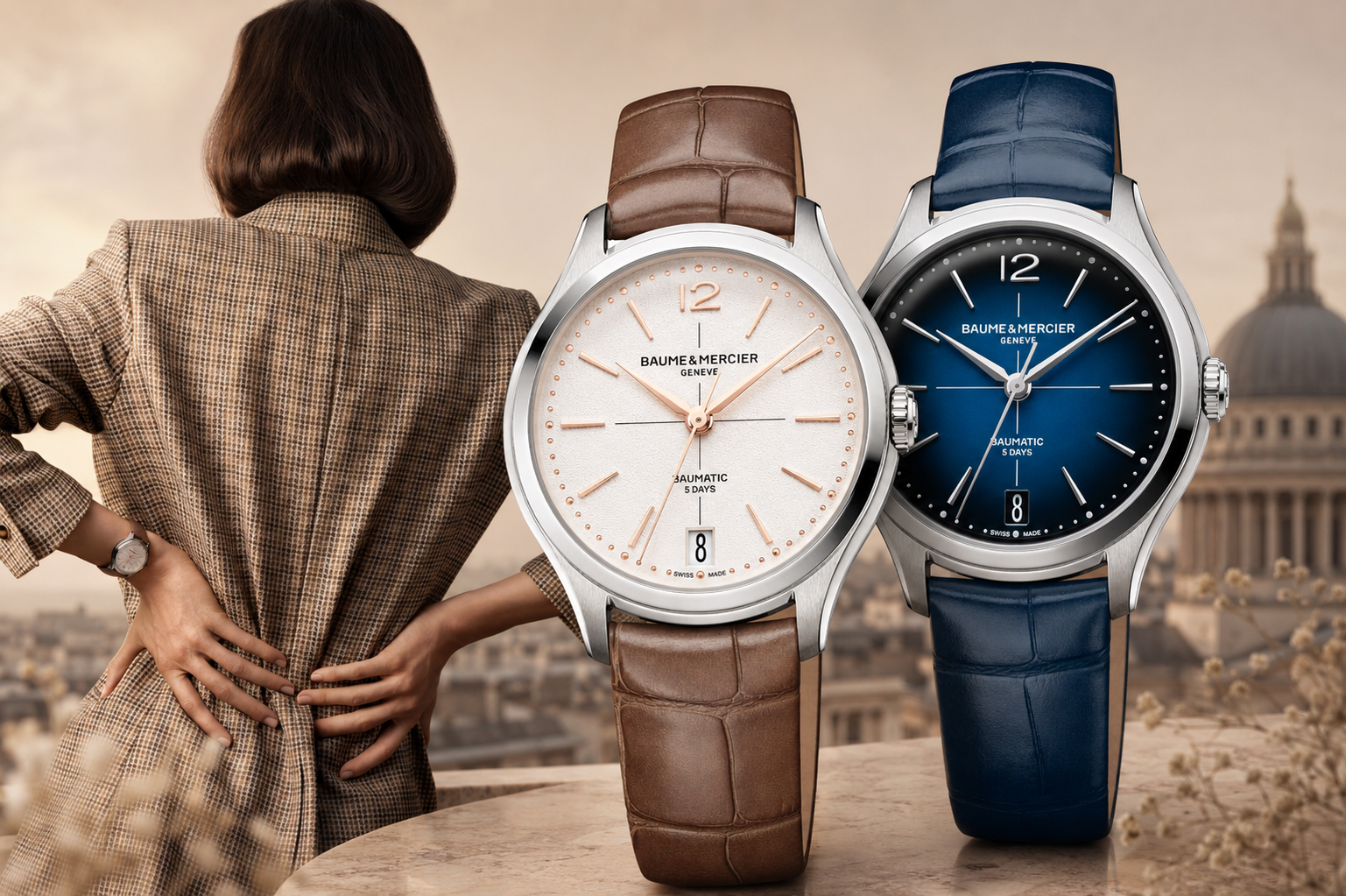 The Baume & Mercier Clifton Baumatic is now available in a ladies' version for the first time. Discover the 34mm models featuring an in-house movement, a 120-hour power reserve, and an elegant design.