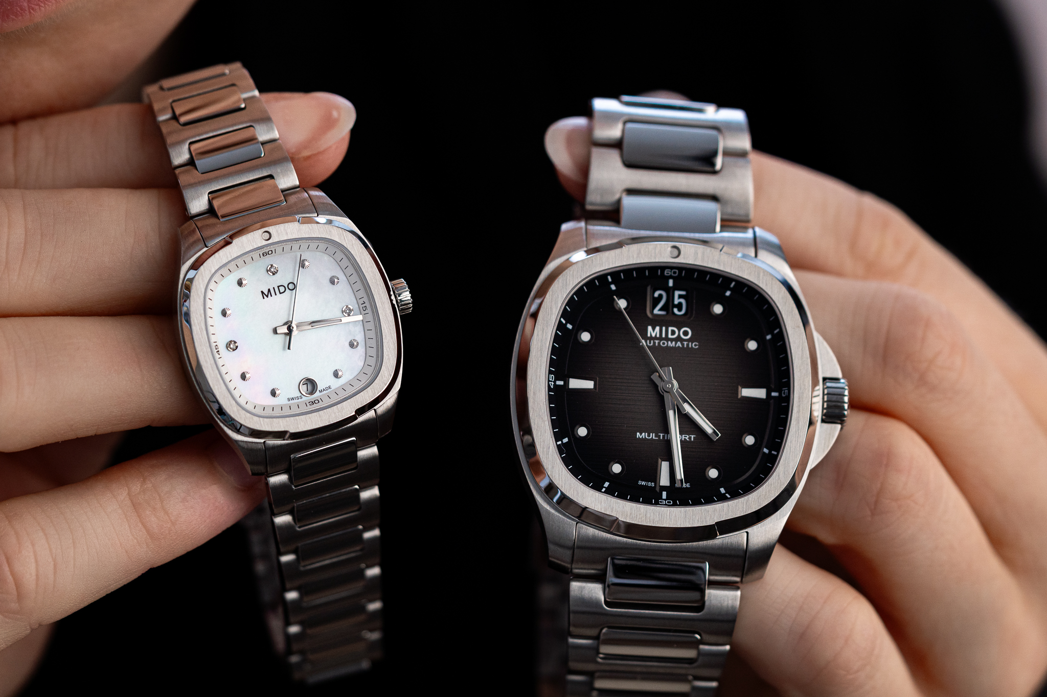 We're comparing the women's and men's versions of the Mido Multifort TV watch.